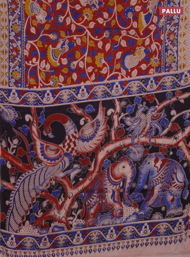 Kalamkari cotton saree maroon and blue with allover prints and printed border