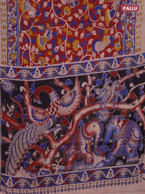 Kalamkari cotton saree maroon and blue with allover prints and printed border
