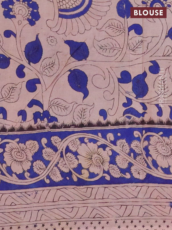 Kalamkari cotton saree maroon and blue with allover prints and printed border