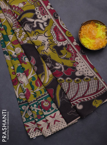 Kalamkari cotton saree lime green and green with allover prints and printed border