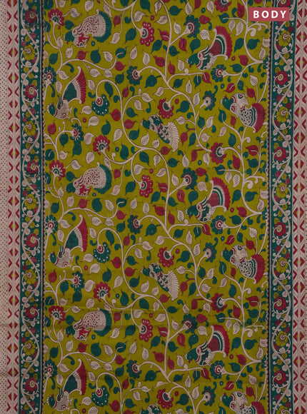 Kalamkari cotton saree lime green and green with allover prints and printed border