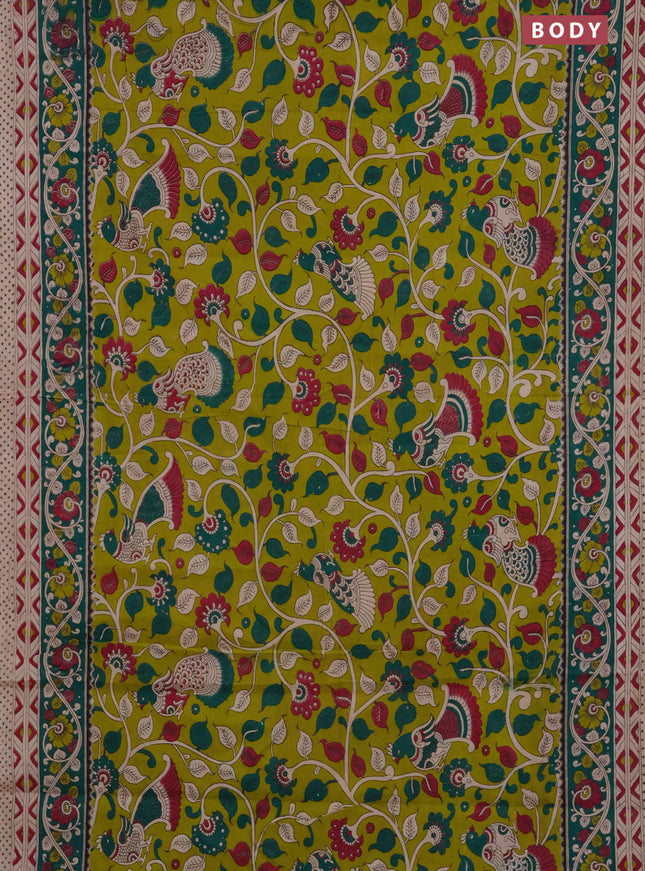 Kalamkari cotton saree lime green and green with allover prints and printed border