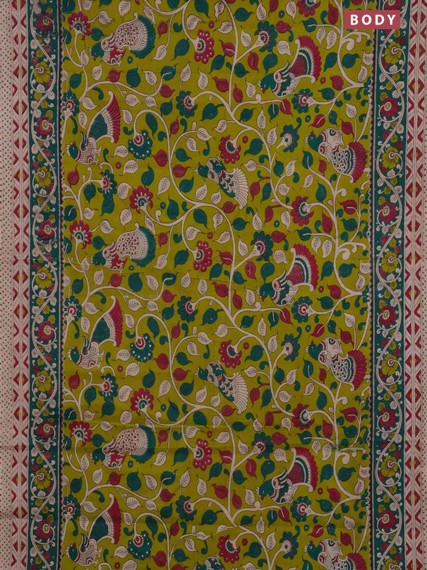 Kalamkari cotton saree lime green and green with allover prints and printed border