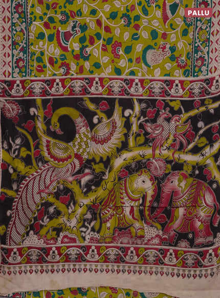 Kalamkari cotton saree lime green and green with allover prints and printed border