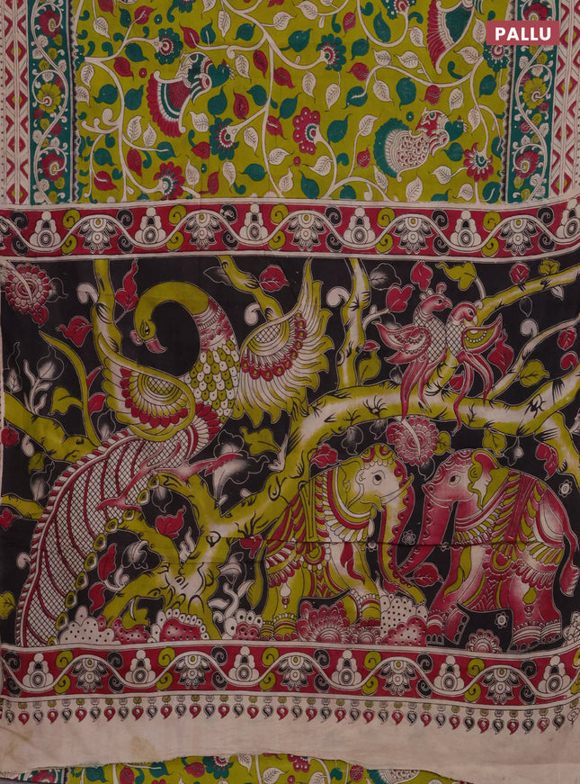 Kalamkari cotton saree lime green and green with allover prints and printed border