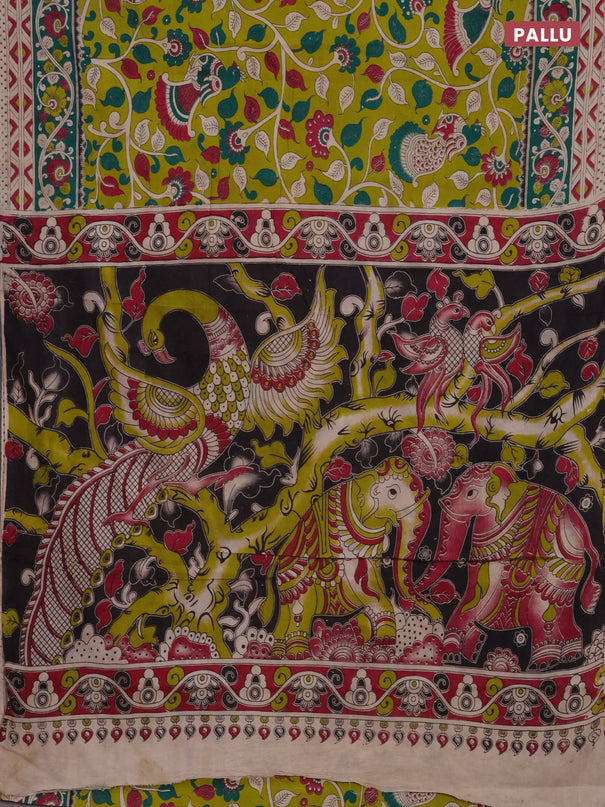 Kalamkari cotton saree lime green and green with allover prints and printed border