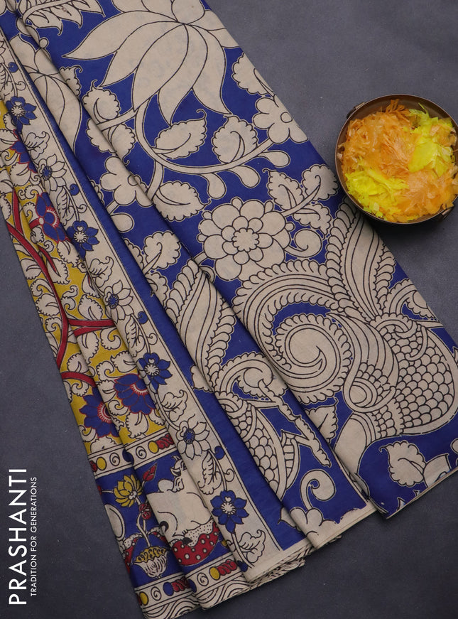 Kalamkari cotton saree yellow and blue with allover prints and printed border