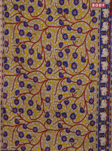Kalamkari cotton saree yellow and blue with allover prints and printed border