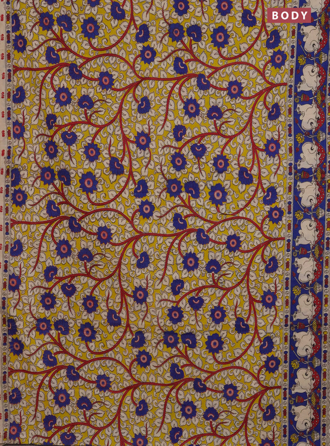 Kalamkari cotton saree yellow and blue with allover prints and printed border