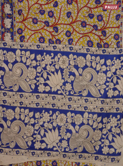Kalamkari cotton saree yellow and blue with allover prints and printed border
