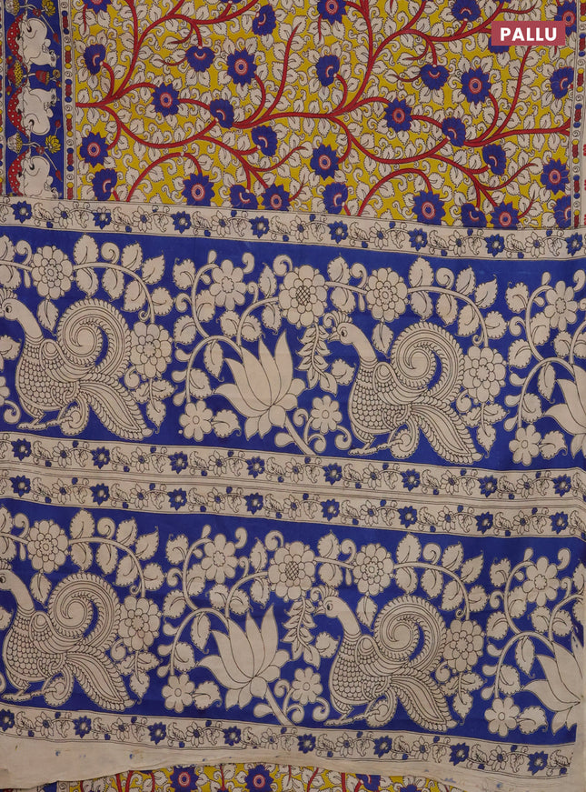 Kalamkari cotton saree yellow and blue with allover prints and printed border