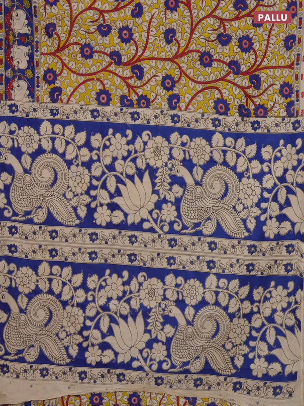 Kalamkari cotton saree yellow and blue with allover prints and printed border