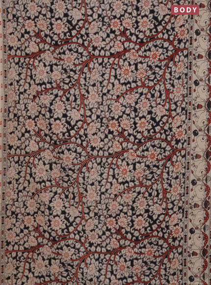 Kalamkari cotton saree black and beige with allover prints and printed border