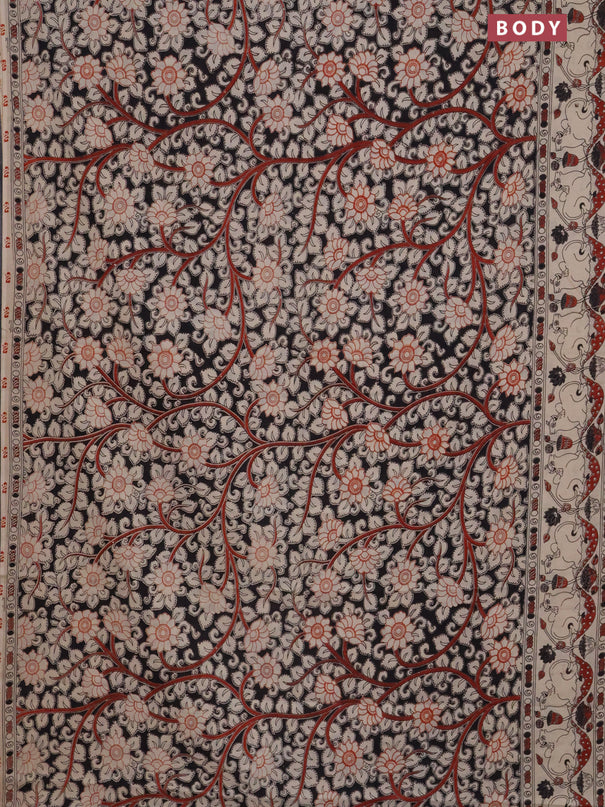 Kalamkari cotton saree black and beige with allover prints and printed border