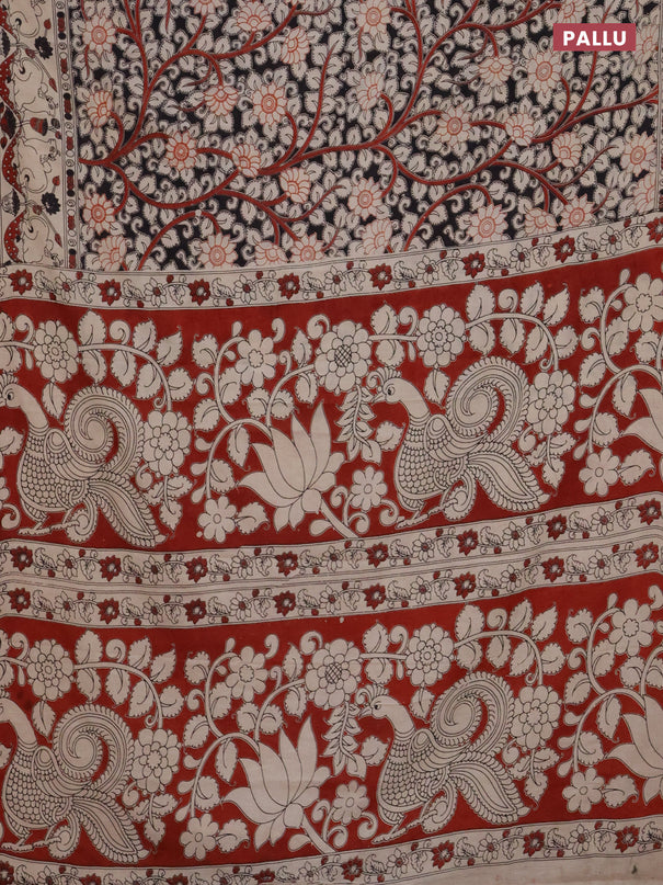 Kalamkari cotton saree black and beige with allover prints and printed border