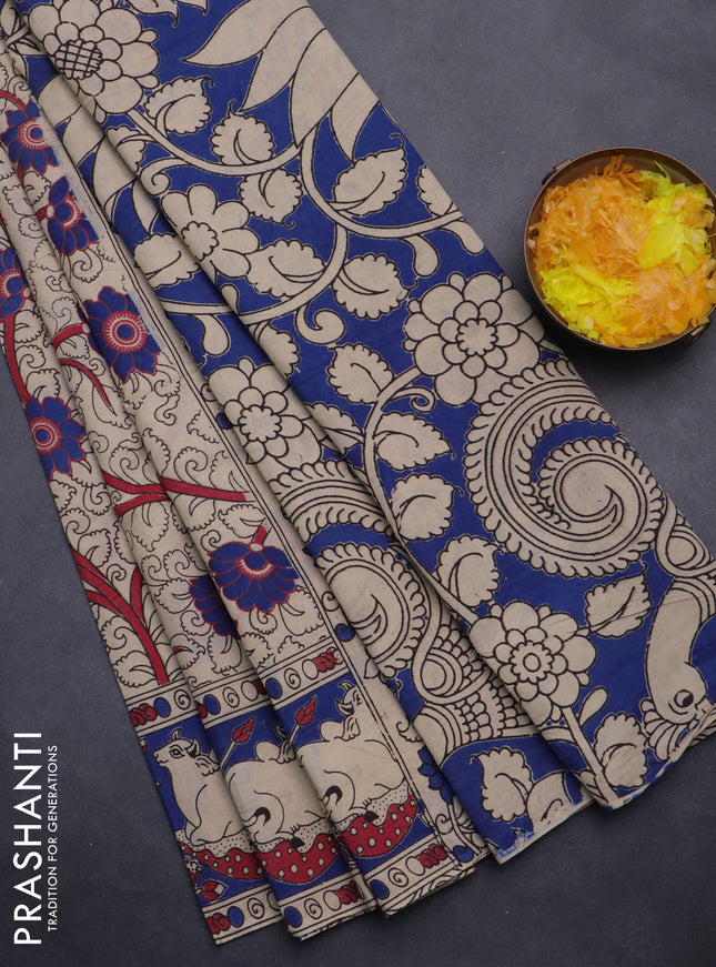Kalamkari cotton saree beige and blue with allover prints and printed border