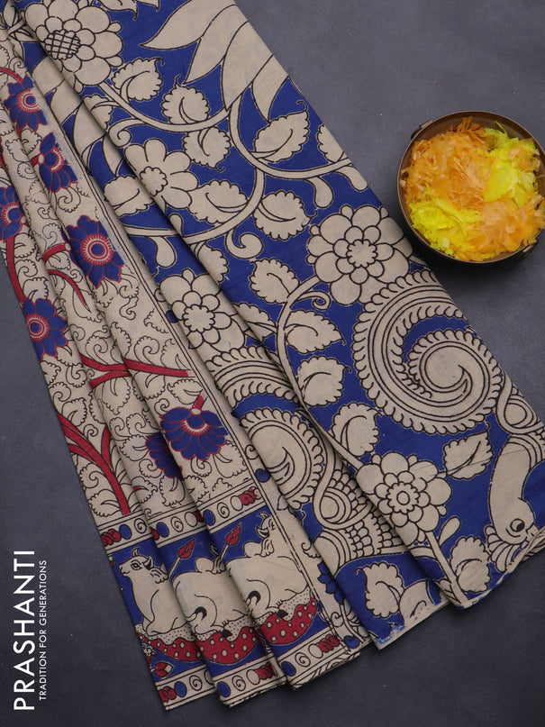 Kalamkari cotton saree beige and blue with allover prints and printed border