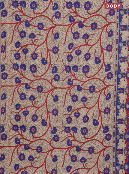 Kalamkari cotton saree beige and blue with allover prints and printed border