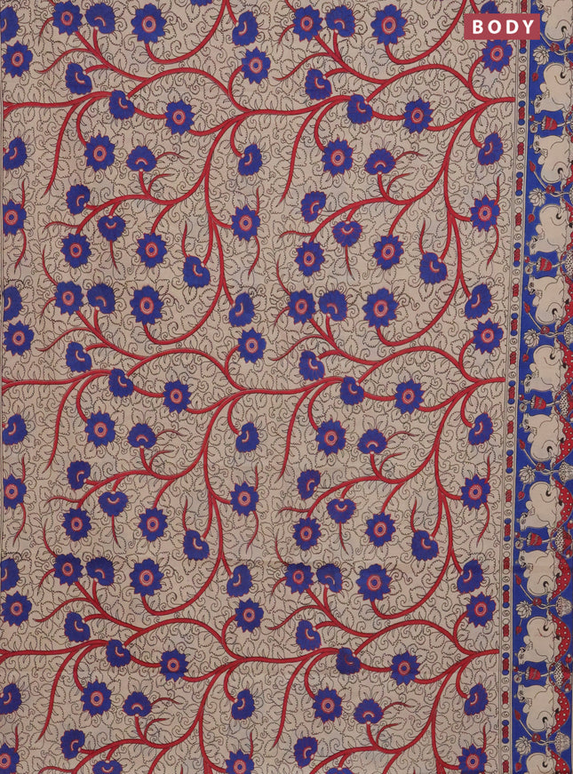Kalamkari cotton saree beige and blue with allover prints and printed border