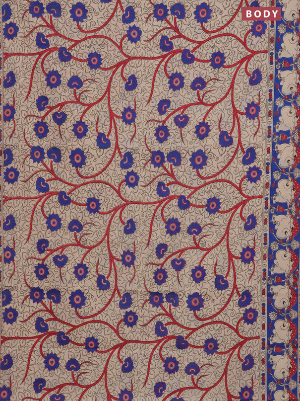Kalamkari cotton saree beige and blue with allover prints and printed border