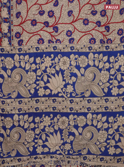 Kalamkari cotton saree beige and blue with allover prints and printed border