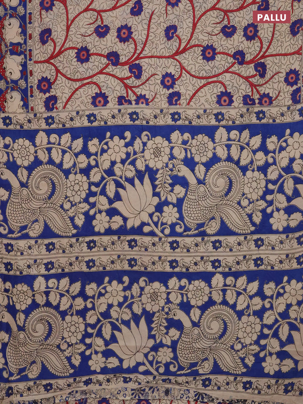 Kalamkari cotton saree beige and blue with allover prints and printed border