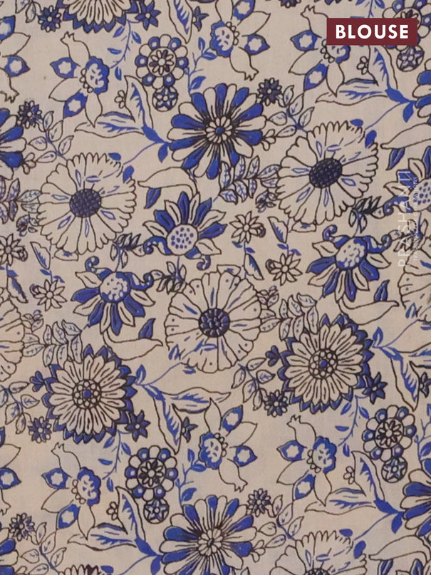 Kalamkari cotton saree beige and blue with allover prints and printed border