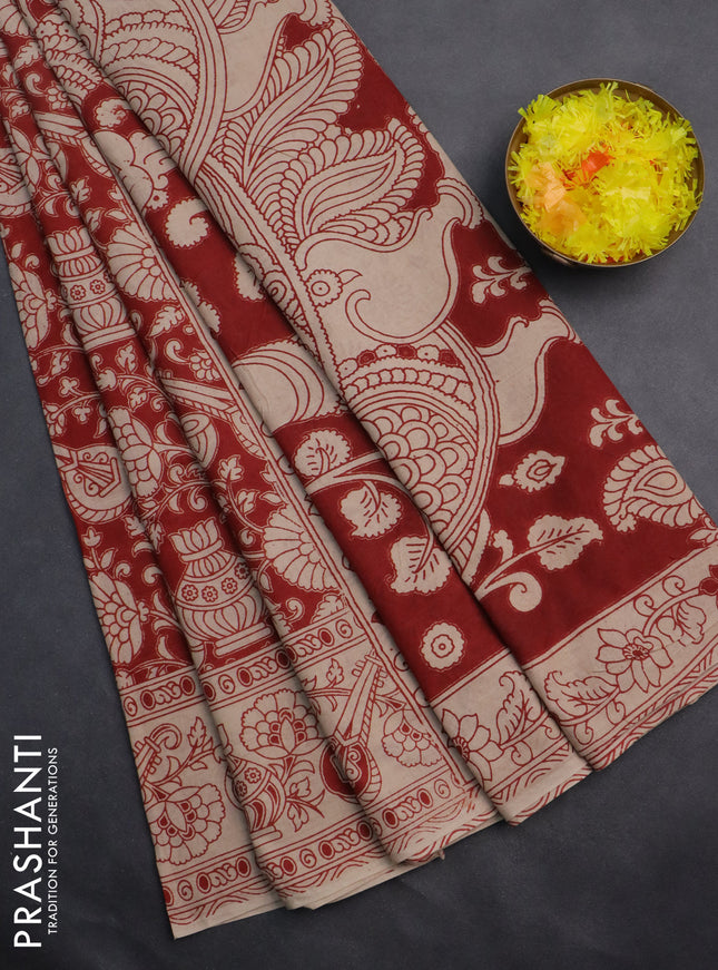 Kalamkari cotton saree red and beige with allover prints and printed border