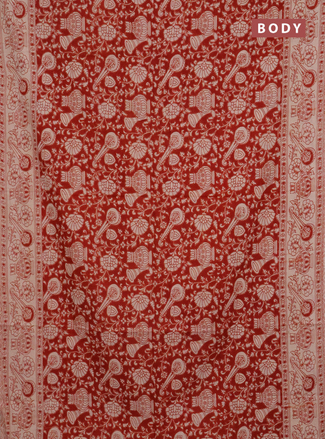 Kalamkari cotton saree red and beige with allover prints and printed border