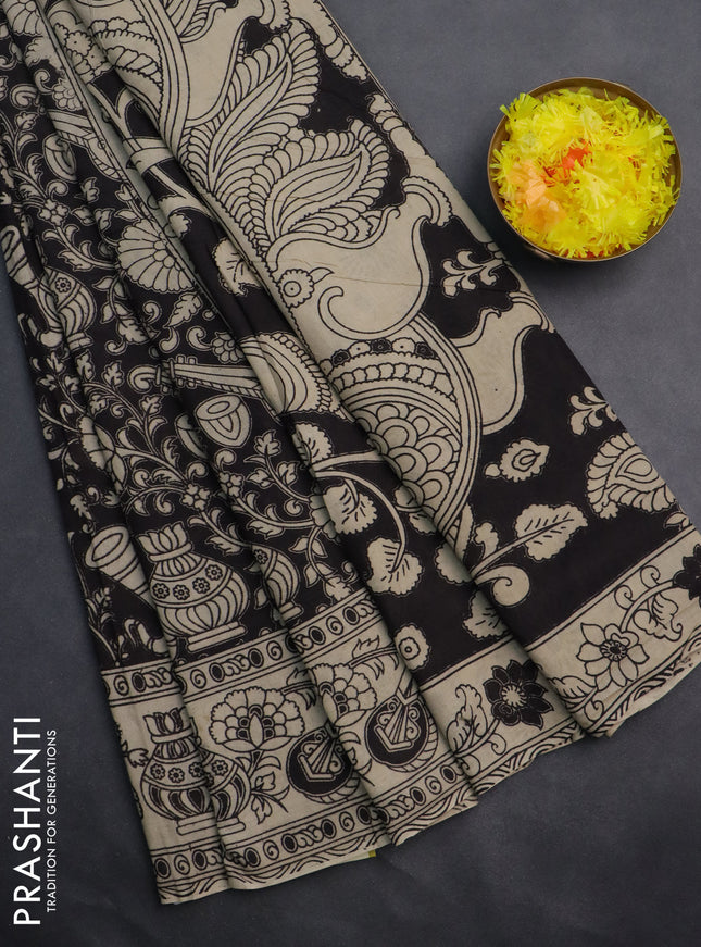 Kalamkari cotton saree black and beige with allover prints and printed border