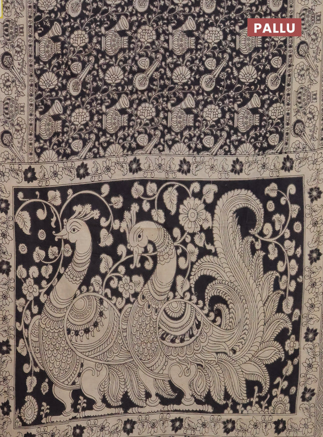 Kalamkari cotton saree black and beige with allover prints and printed border