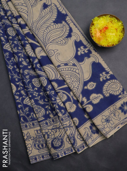 Kalamkari cotton saree blue and beige with allover prints and printed border