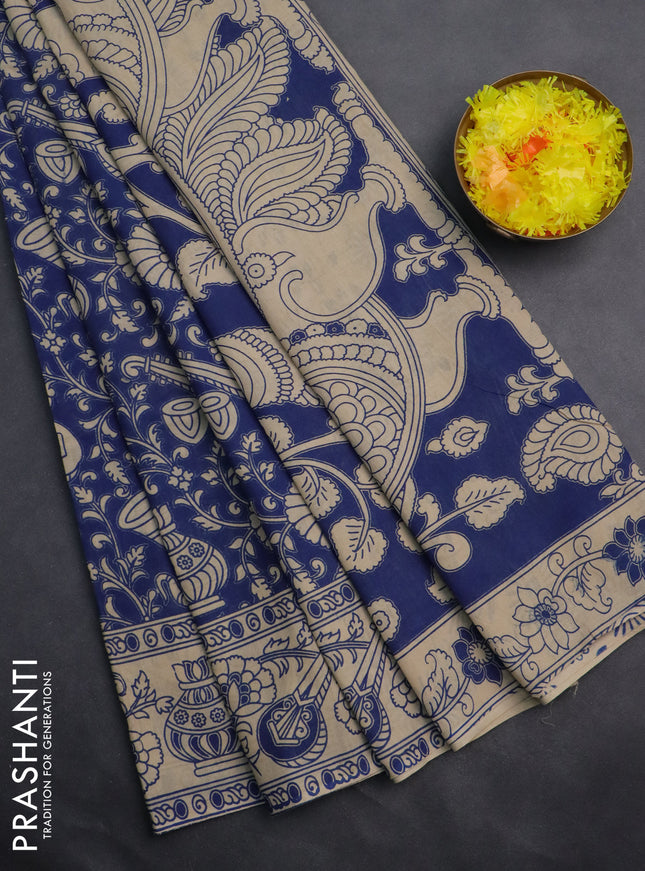 Kalamkari cotton saree blue and beige with allover prints and printed border