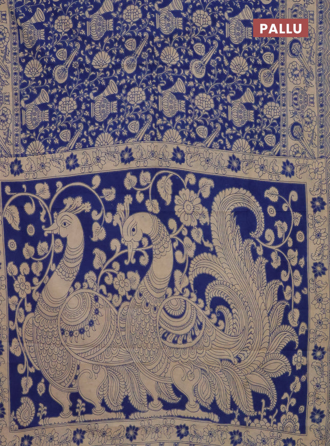 Kalamkari cotton saree blue and beige with allover prints and printed border
