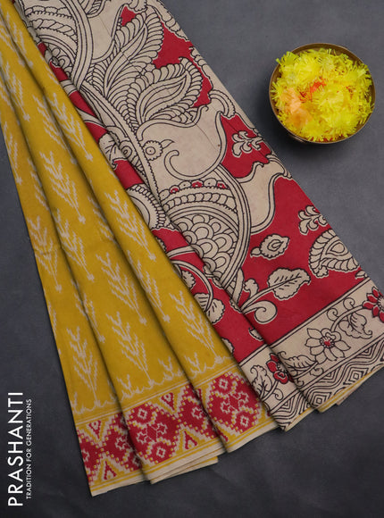 Kalamkari cotton saree yellow and pink with ikat butta prints and printed border