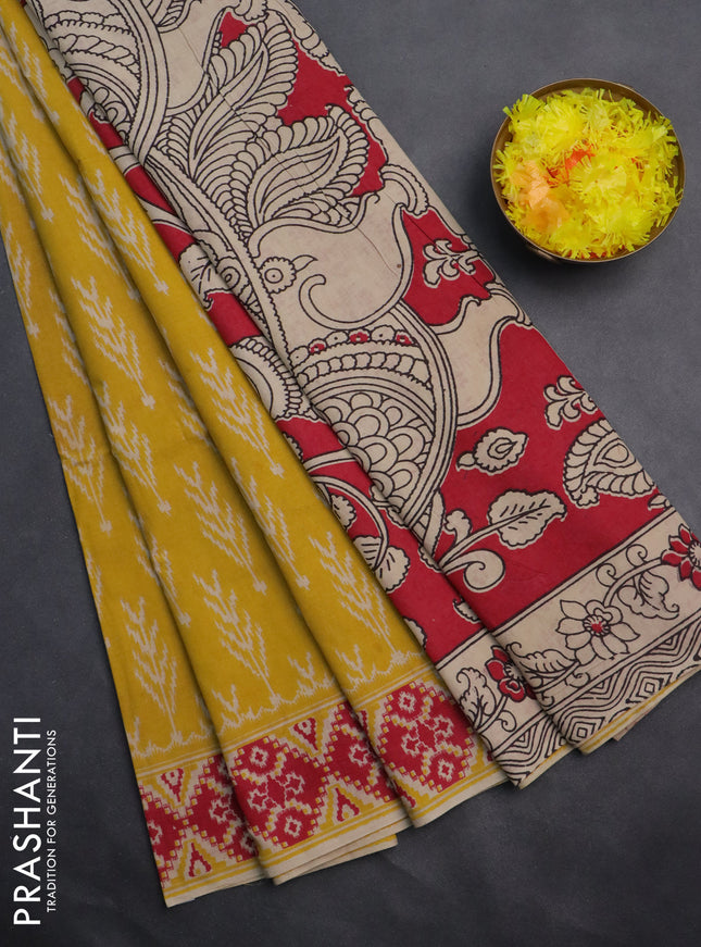 Kalamkari cotton saree yellow and pink with ikat butta prints and printed border