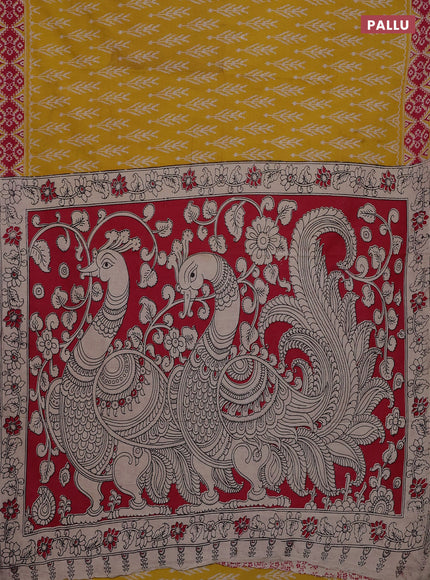 Kalamkari cotton saree yellow and pink with ikat butta prints and printed border