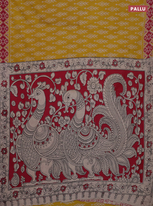 Kalamkari cotton saree yellow and pink with ikat butta prints and printed border