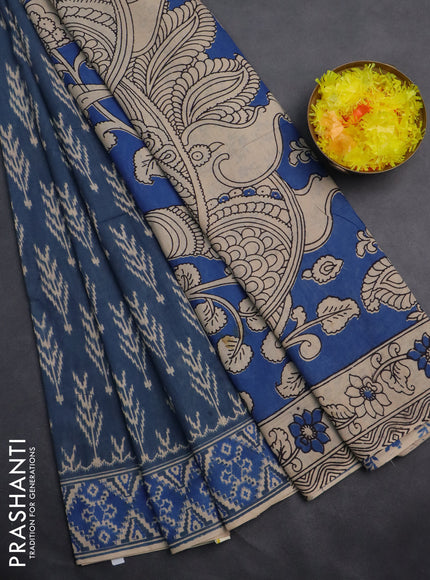 Kalamkari cotton saree blue shade with ikat butta prints and printed border