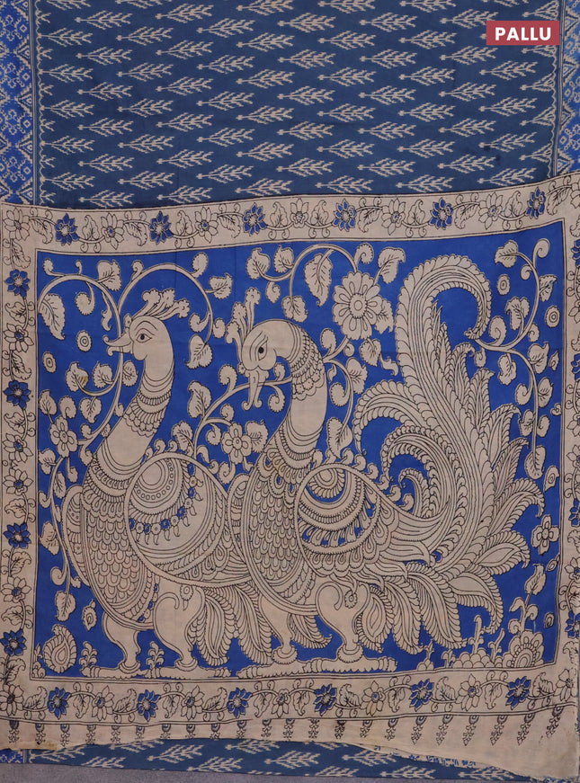 Kalamkari cotton saree blue shade with ikat butta prints and printed border