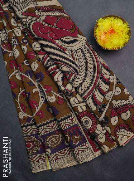 Kalamkari cotton saree brown and beige with allover prints and printed border