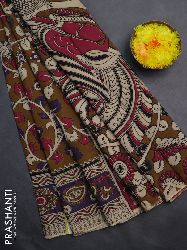 Kalamkari cotton saree brown and beige with allover prints and printed border
