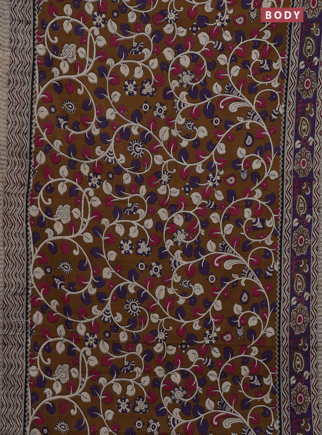 Kalamkari cotton saree brown and beige with allover prints and printed border