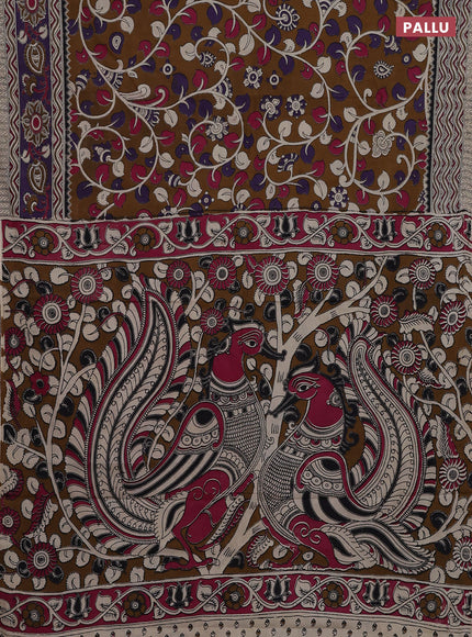 Kalamkari cotton saree brown and beige with allover prints and printed border