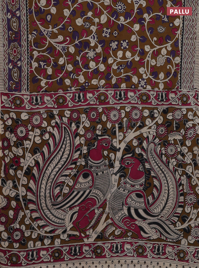 Kalamkari cotton saree brown and beige with allover prints and printed border