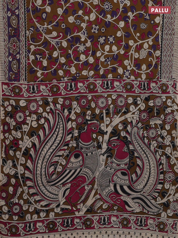 Kalamkari cotton saree brown and beige with allover prints and printed border