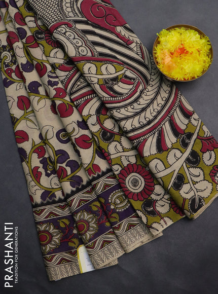 Kalamkari cotton saree beige and violet with allover prints and printed border