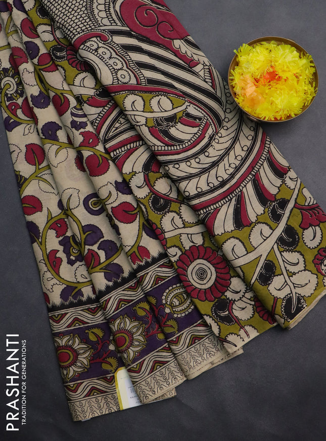 Kalamkari cotton saree beige and violet with allover prints and printed border