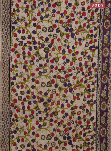 Kalamkari cotton saree beige and violet with allover prints and printed border