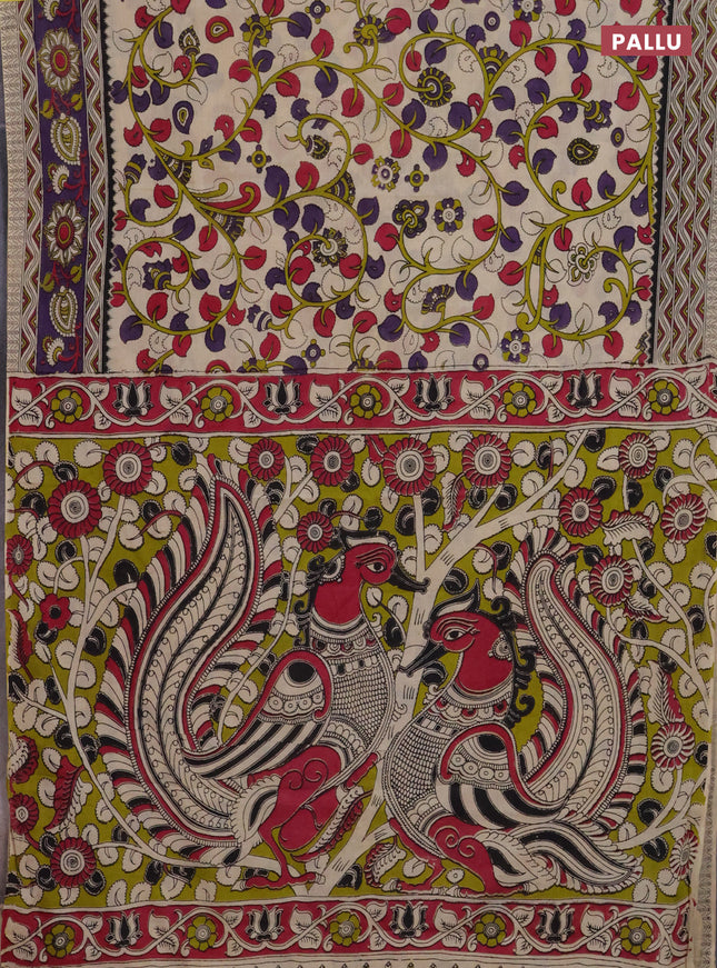 Kalamkari cotton saree beige and violet with allover prints and printed border